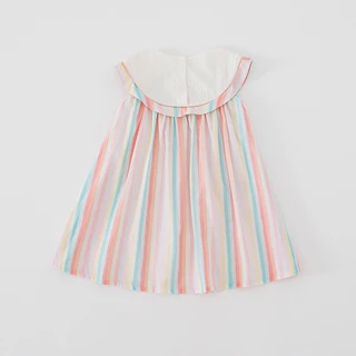 Hania kids พร้อมส่ง ชุดเดรสกระโปรงลายทางสีพาทเทล ลายปัก เนื้อผ้าฝ้าย ชุดเด็กผู้หญิง K4124898
