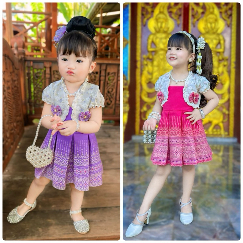 ชุดไทยวัลลภา มินิเดรส+เสื้อคลุม สม๊อคหลังยางยืด