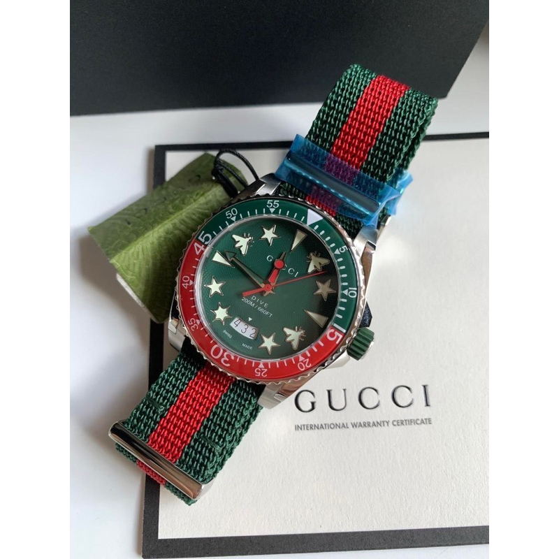 New🍁Gucci Dive Quartz Green Dial Two Tone NATO Strap Watch
