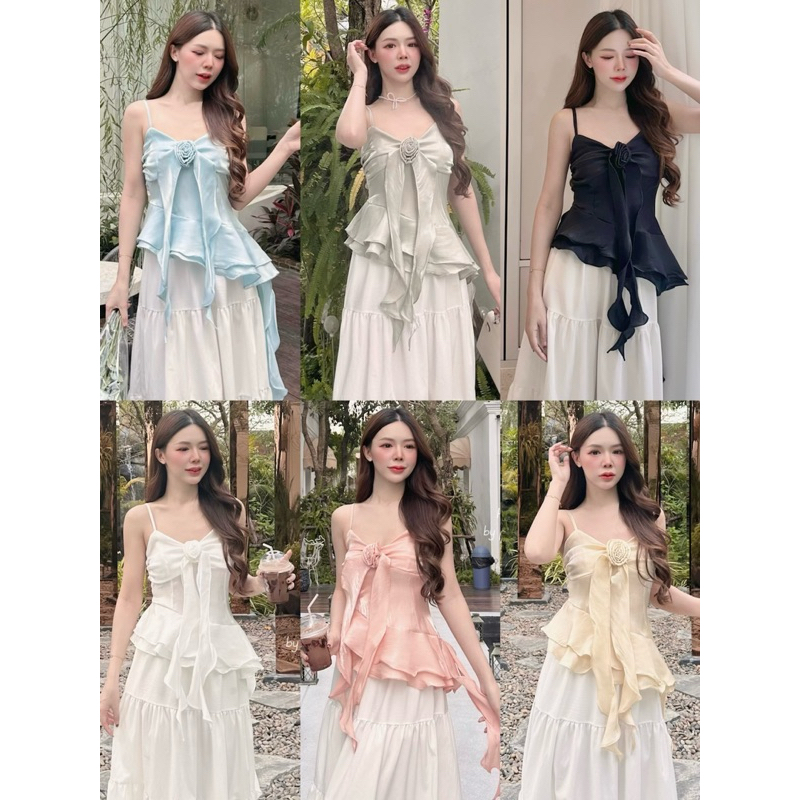 Wendystore182 เสื้อสายเดี่ยวแต่งระบาย ผ้าออแกนดี้เนื้อเงา