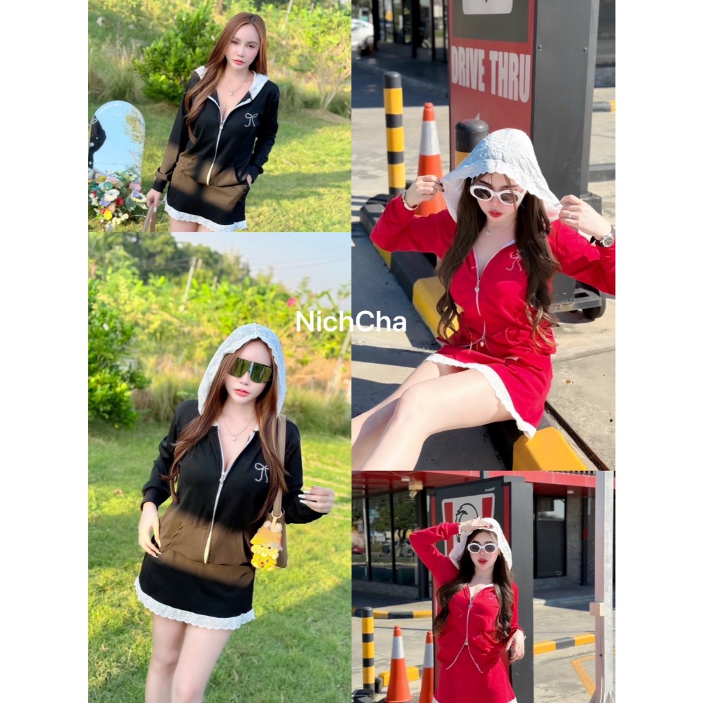 ์Nichcha Set2ชิ้น - เสื้อแขนยาวซิปหน้า ฮู้ดลูกไม้ - กระโปรงทรงเอ มีซับกางเกง แต่งปลายกระโปรงลูกไม้