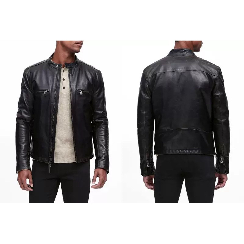 🌀แจ็ตเก็ตสีดำหนังวัวแท้ Genuine Leather Jacket คอตั้งซิปykk พรี.