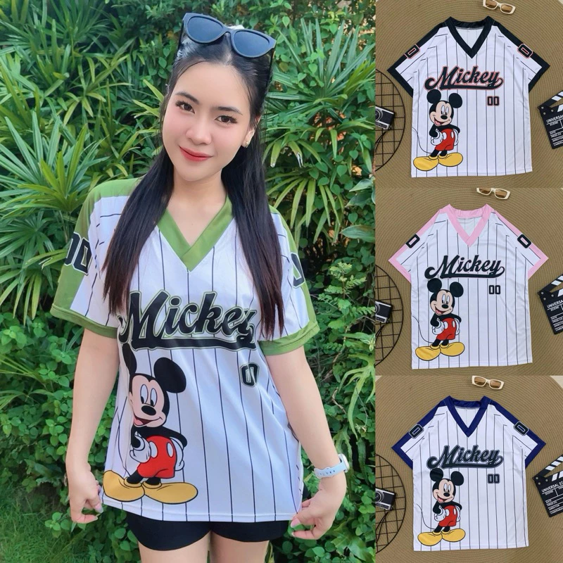 ( M10 ) เสื้อยืดผ้าไมโคร ลายริ้ว มิ้กกี้ เลข 00 l-2Xl