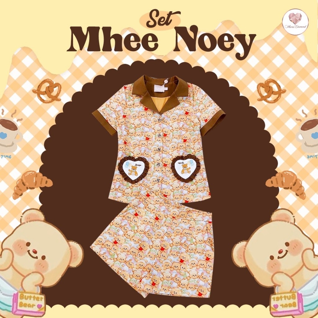(มี 2XL)Mhee Noey Set ชุดเซ็ต 2 ชิ้นผ้าCottonพิมพ์ลาย เสื้อแขนสั้น มีปก ติดกระดุมหน้า+กางเกงขาสั้น มีกระเป๋าข้าง ซิปหลัง