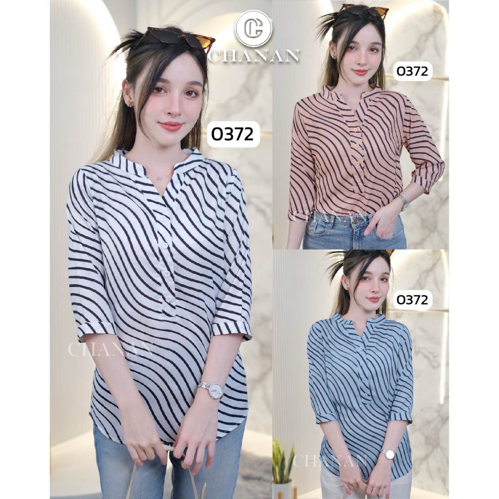Chanan เสื้อโพลีผสมคอตตอน คอจีน กระดุมหน้า ลายเส้นสีดำ เสื้อใส่ออกงาน ใส่ทำงาน เสื้อคอจีน มี3สี รุ่น0372