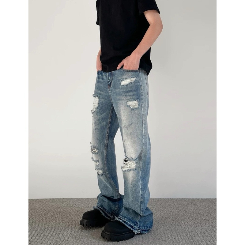 กางเกงยีนส์ทรงกระบอก destroyed jeans