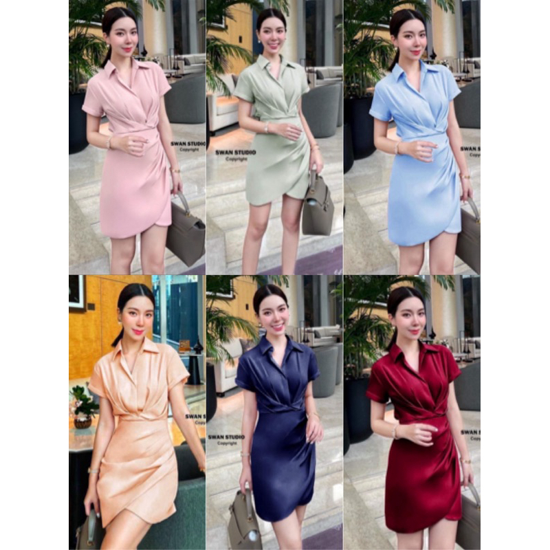 เดรสออกงาน คอปก กระโปรงป้ายไขว้หน้าจับจีบ กระดุมหน้าถอดได้ สวยเก๋สุดชิค