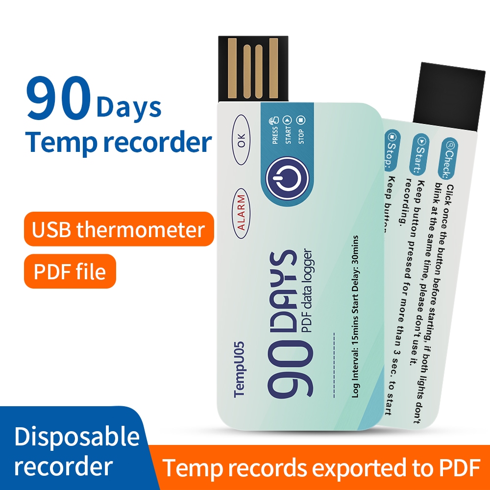 เครื่องบันทึกข้อมูลอุณหภูมิ TempU05 เครื่องวิเคราะห์อุณหภูมิแบบใช้ครั้งเดียว 60/90 วัน