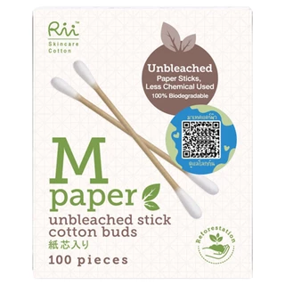 RII - M Paper Unbleached Stick Cotton Buds (100 pcs.Box) ริอิ สำลีก้านกระดาษไม่ฟอกขาว