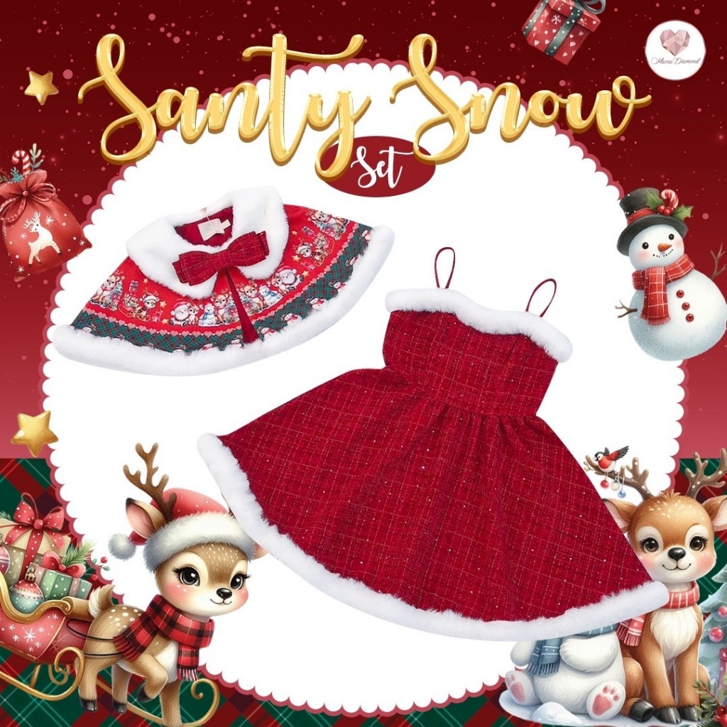 (มี2XL) Santy Snow dress เซ็ต 2 ชิ้น เดรสสายเดี่ยวผ้าทวีตสายปรับระดับได้ + ผ้าคลุมปกขน มีซับใน ซิปหลัง