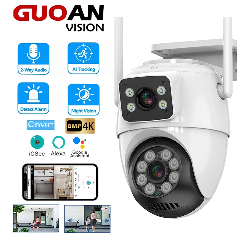 GUOANvision 8MP กล้องวงจรปิด IC see ไร้สายกลางแจ้งเลนส์คู่เสียง AI ตรวจจับร่างกายปลุกอัตโนมัติ