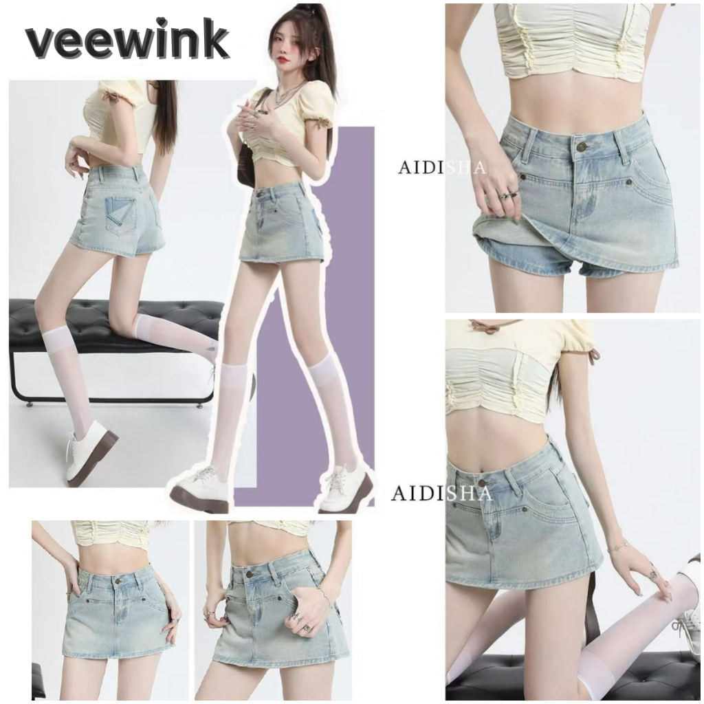 Veewink พร้อมส่งจากกทม กระโปรงเกางเกงยีนส์ ขาสั้นเอวสูง ดีเทลเก๋แต่งขาดสียีนส์ฟอกสวย