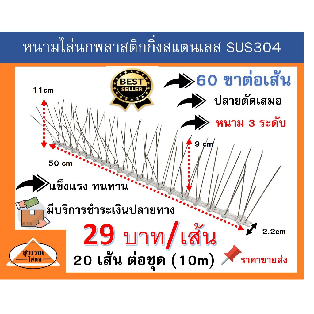 หนามกันนกสแตนเลส ฐานพลาสติก จำนวนขาพิเศษ 120 ขาเมตร หนามไล่นก ชุด 10 เมตร ** ราคาใหม่ 29 บาทต่อเส้น**