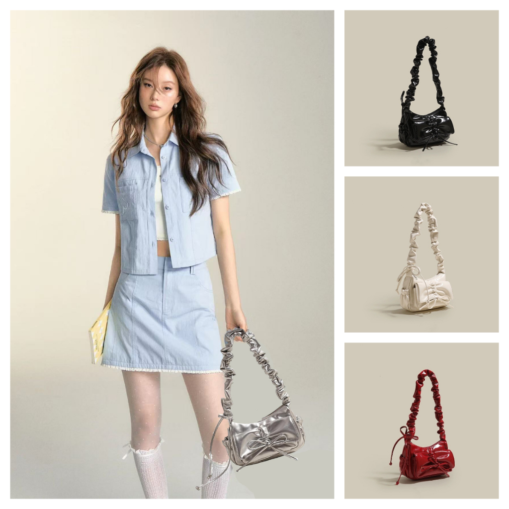 【 มาถึงภายใน 3 วัน】สไตล์เกาหลีใต้วงแขนกระเป๋าผู้หญิงโบว์แฟชั่นใหม่พร็อพความรู้สึกสูงซอกกระเป๋าสะพายจีบ
