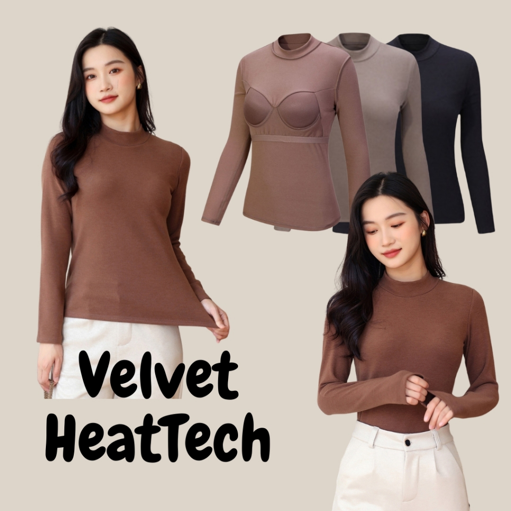 Velvet Heat Tech เสื้อกันหนาว คอเต่า แขนยาว มีซัพฟองน้ำ 2in1 มีบราในตัว