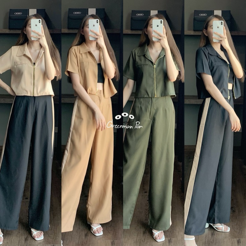 Two-tone Zip Set ชุดเซตขายาว แต่งซิปทอง แถบทูโทน #272