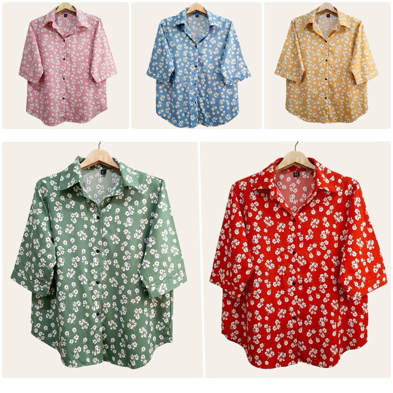 (อก 44”) เสื้อเชิ้ต เเขนสามส่วน ผ่าหน้า ลายดอก ผ้าไหมอิตาลี ไม่ต้องรีด