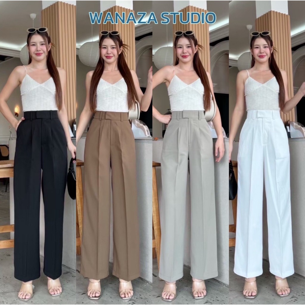 WT33 รุ่น Hana Pants ขอบยื่นลินลี่ กางเกงทรงกระบอกกลาง กางเกงขายาว ผู้หญิง เอวสูง พรางหุ่น พรางสะโพก ใส่ทำงาน ผ้าพริ้ว