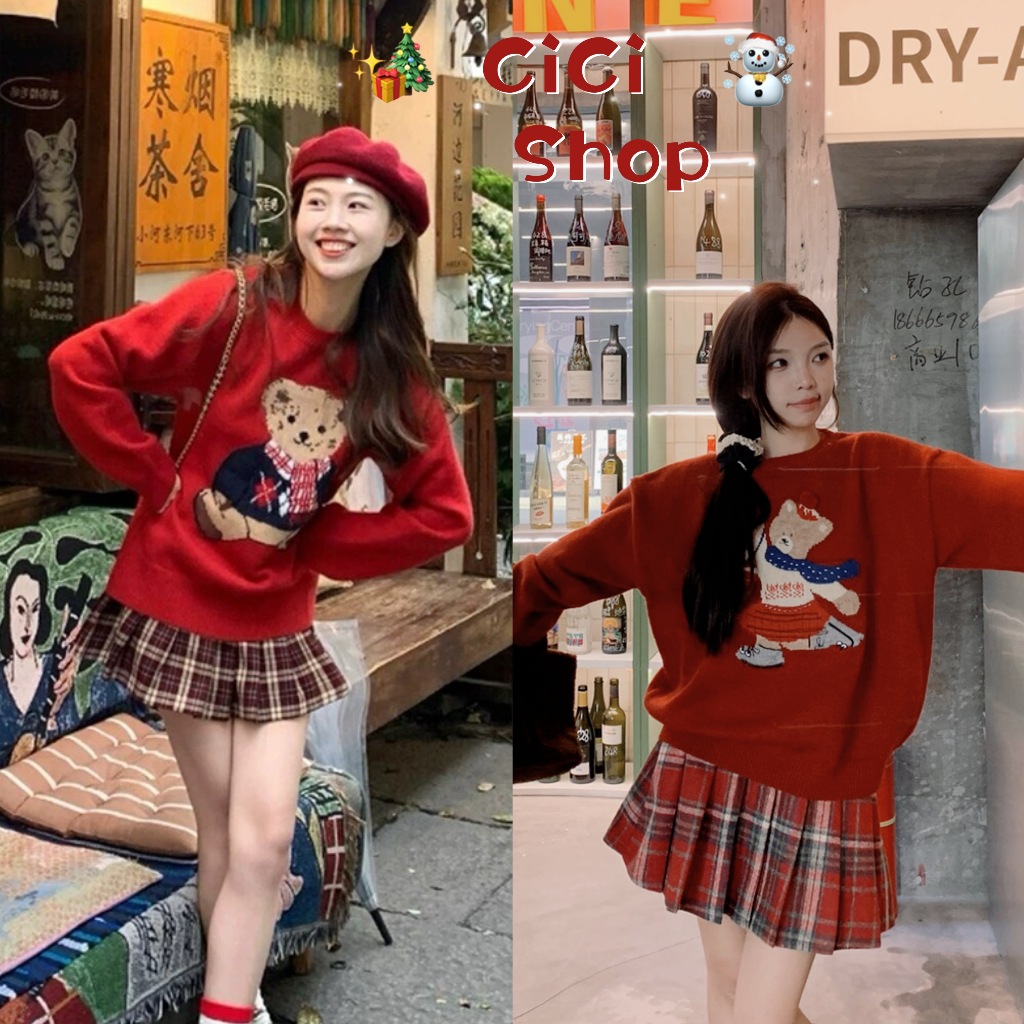 Cicishop(8202/8203) เสื้อแขนยาวไหมพรมสเวตเตอร์ปักลายน้องหมีสุดน่ารัก ต้อนรับวันคริสต์มาส