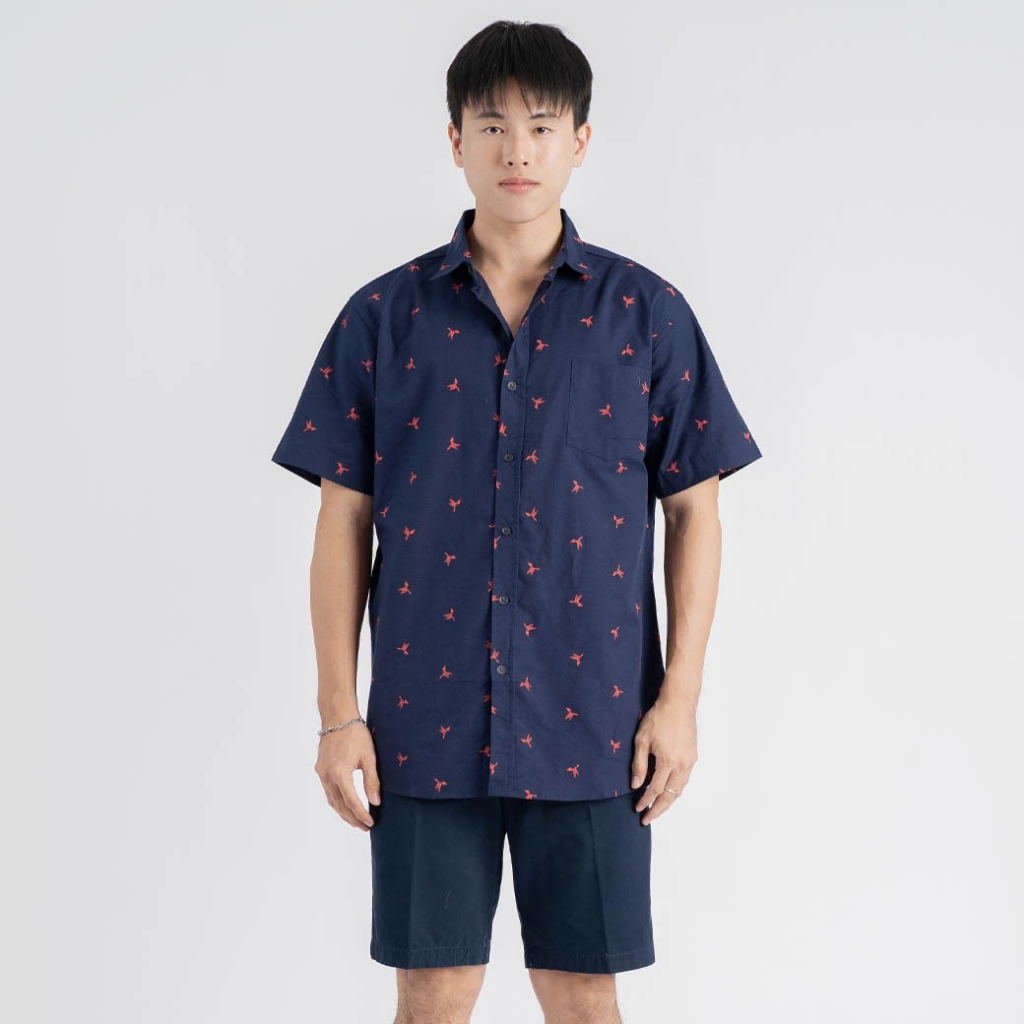 haas : เสื้อเชิ้ตแขนสั้น ผู้ชาย ลายปัก H พิมพ์ลายนก (สินค้าใหม่) SBPH2044