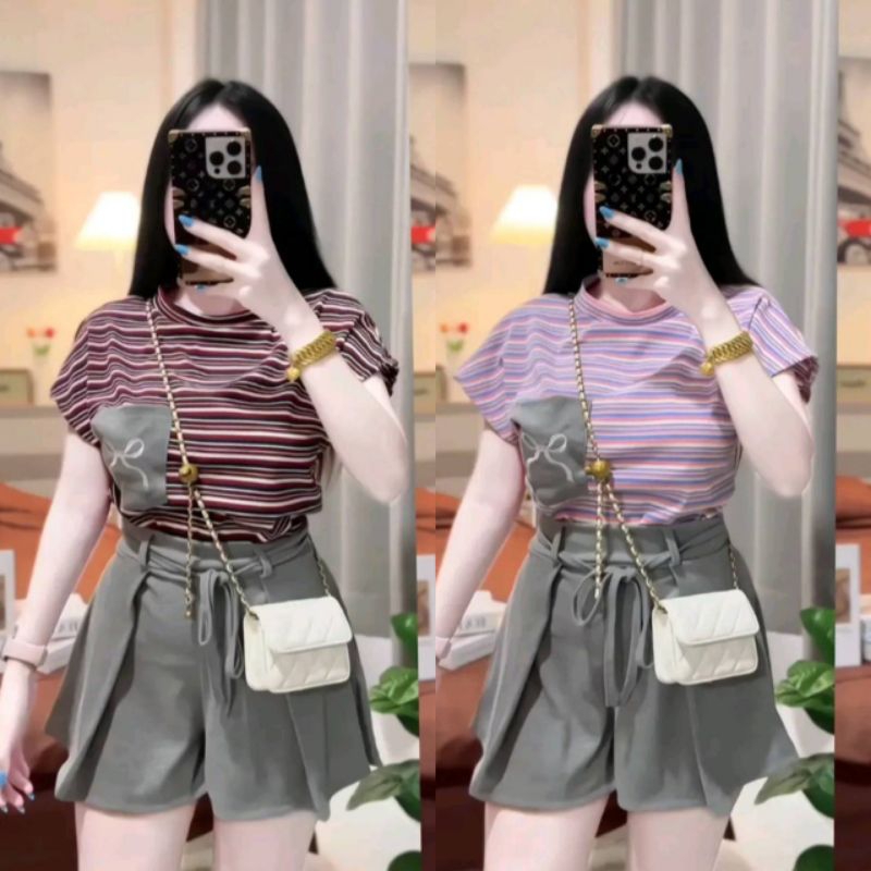 ชุดเซ็ท 2 ชิ้นน่ารักๆ เสื้อแขนล่ำลายริ้วเรนโบว์มีกระเป๋าปักโบว์ +กางเกงขาสั้นน่ารักๆ (ป้ายไอวี่ช๊อป)