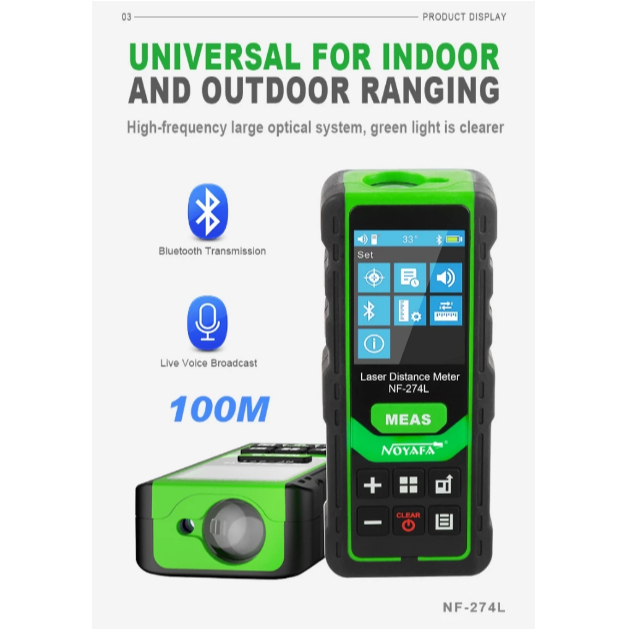 ตลับเมตรเลเซอร์ดิจิตอลสำหรับวัดระยะทาง 100M สีเขียว Noyafa รุ่น NF-274L