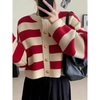 เสื้อกันหนาวคาร์ดิแกน เสื้อไหมพรมแขนยาวผู้หญิงคอกลม แฟชั่นผู้หญิงลายทาง ผ้าดีใส่สบาย