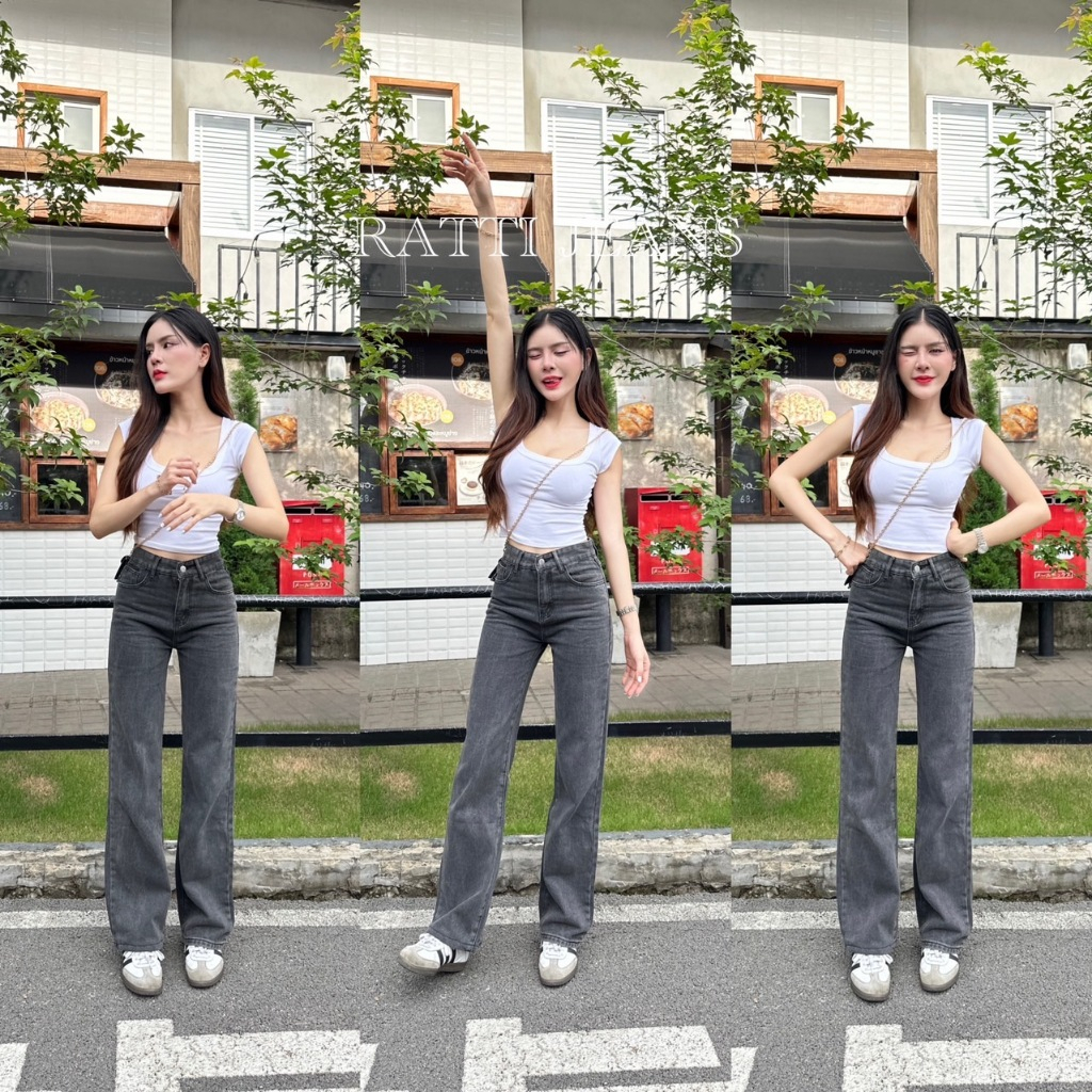 กางเกงยีนส์เอวสูงขากระบอกสีดำฟอก ป้ายVintage ผ้าไม่ยืด ใส่แมทง่าย อำพรางหุ่น