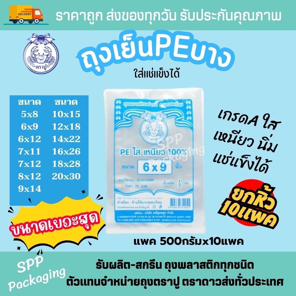 (ยกหิ้ว 10แพค) ถุงเย็น PE /LL ตราปู ใส เหนียว นิ่ม แช่แข็งได้ เกรดA แพค500กรัม ขนาด5x8-20x30นิ้ว