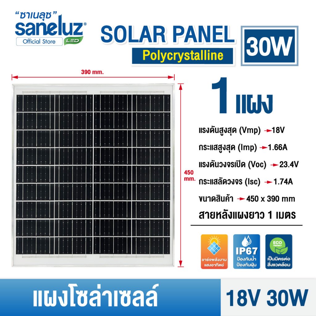 Saneluz แผงโซล่าเซลล์ 18V 30W Polycrystalline สามารถเลือกสั่งได้ 2 แบบ คือ (สายยาว 1 เมตร) และ (สายยาว 4 เมตร+สายคีบแบต)