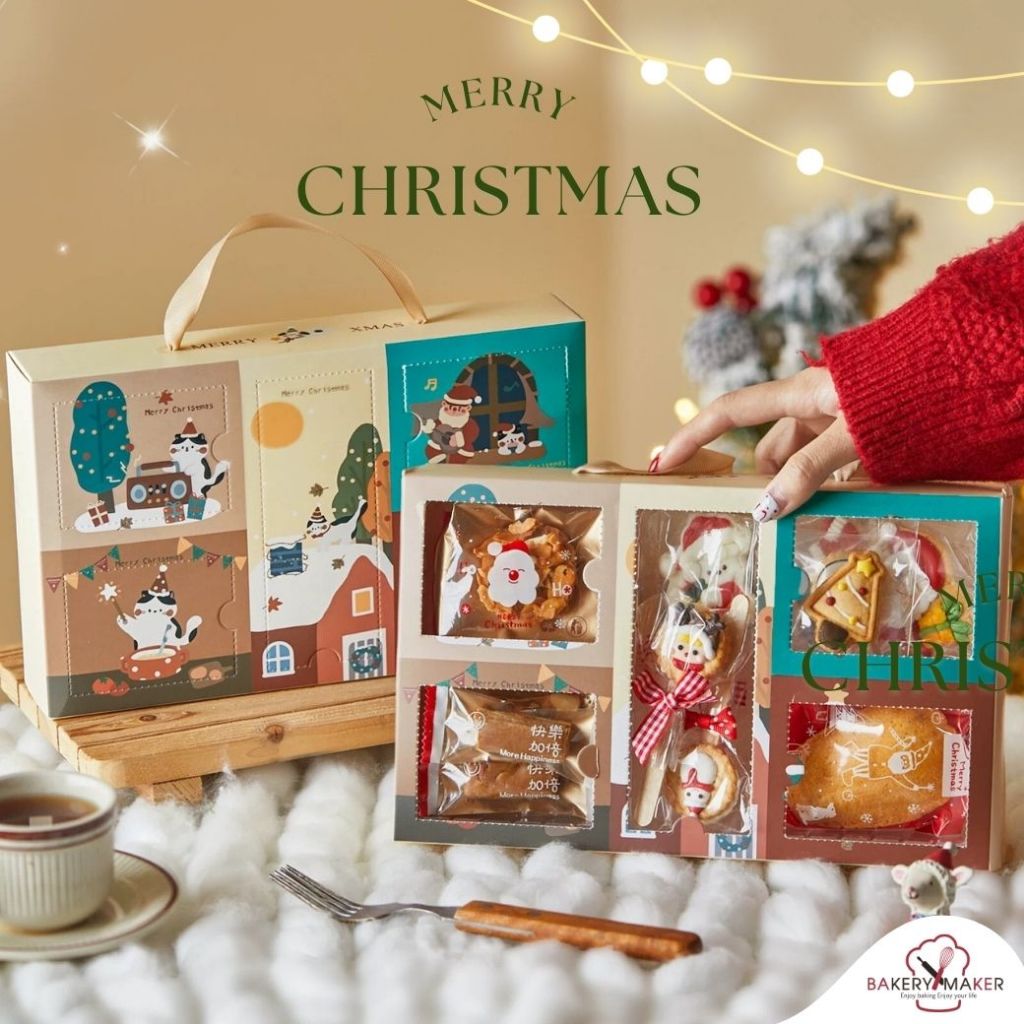 กล่องคุกกี้ 1 ใบ กล่องคริสต์มาส หูหิ้ว เจาะหน้าต่าง 6 ช่อง น้องแมว Merry Christmas Suprise box