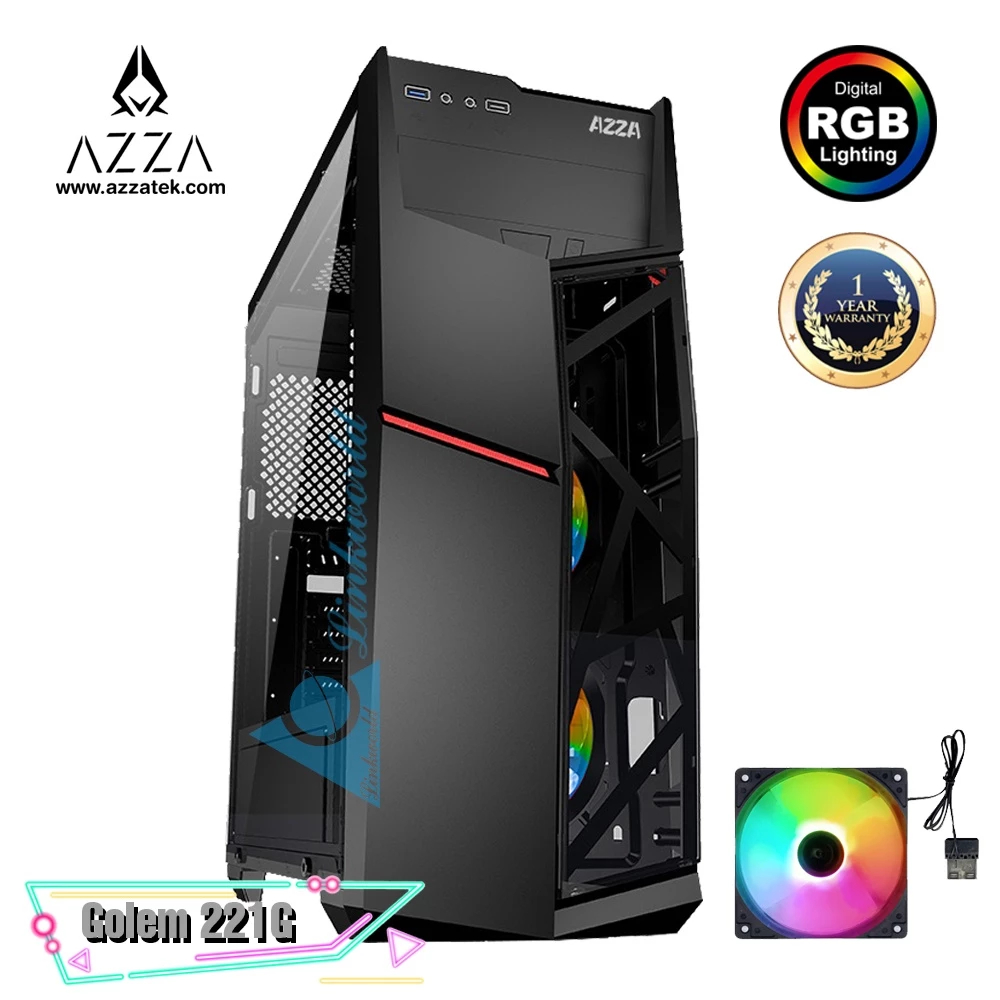 CASE(มีพัดลม ปล่อยแสงสีแดง 2 ตัว) AZZA Golem 221G ATX Mid-Tower Tempered Glass Gaming Case– Black- 1 Year