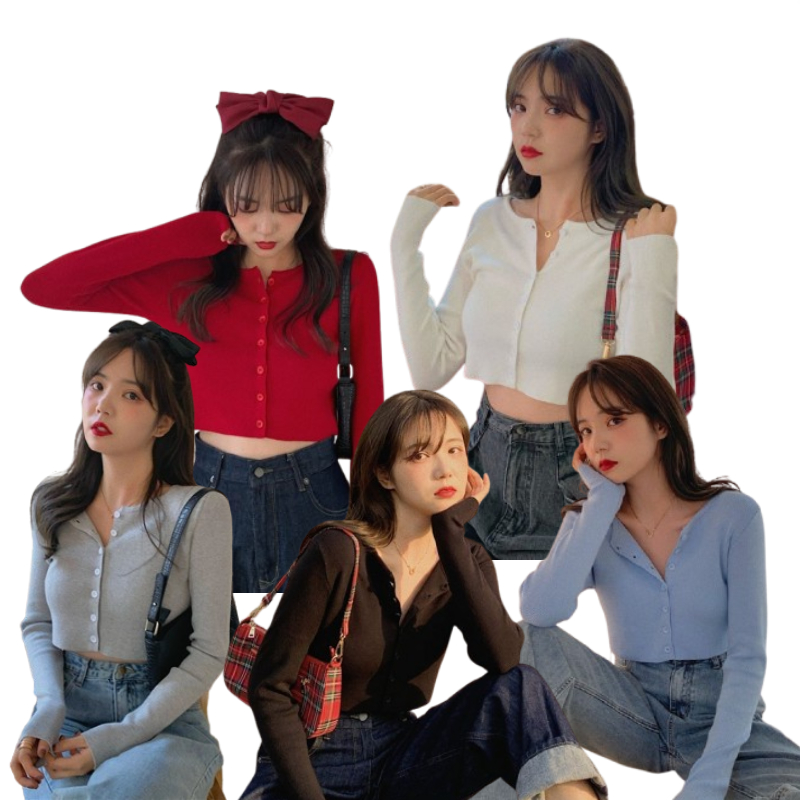 🌻Lune_Grace🌻  เสื้อครอป เสื้อ​cardigan ไหมพรมแขนยาวสีพื้น เซ็กซี่เล็กๆ 5203