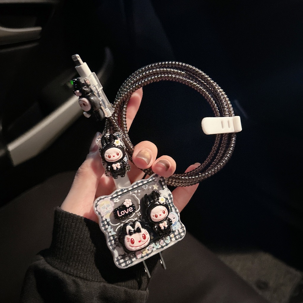 ขอบหยักLALAดำ พร้อมส่งจากไทย ชุดพันสาย เคสหัวชาร์จ ลายการ์ตูน ตัวถนอมสาย USB 20w 18w 35W