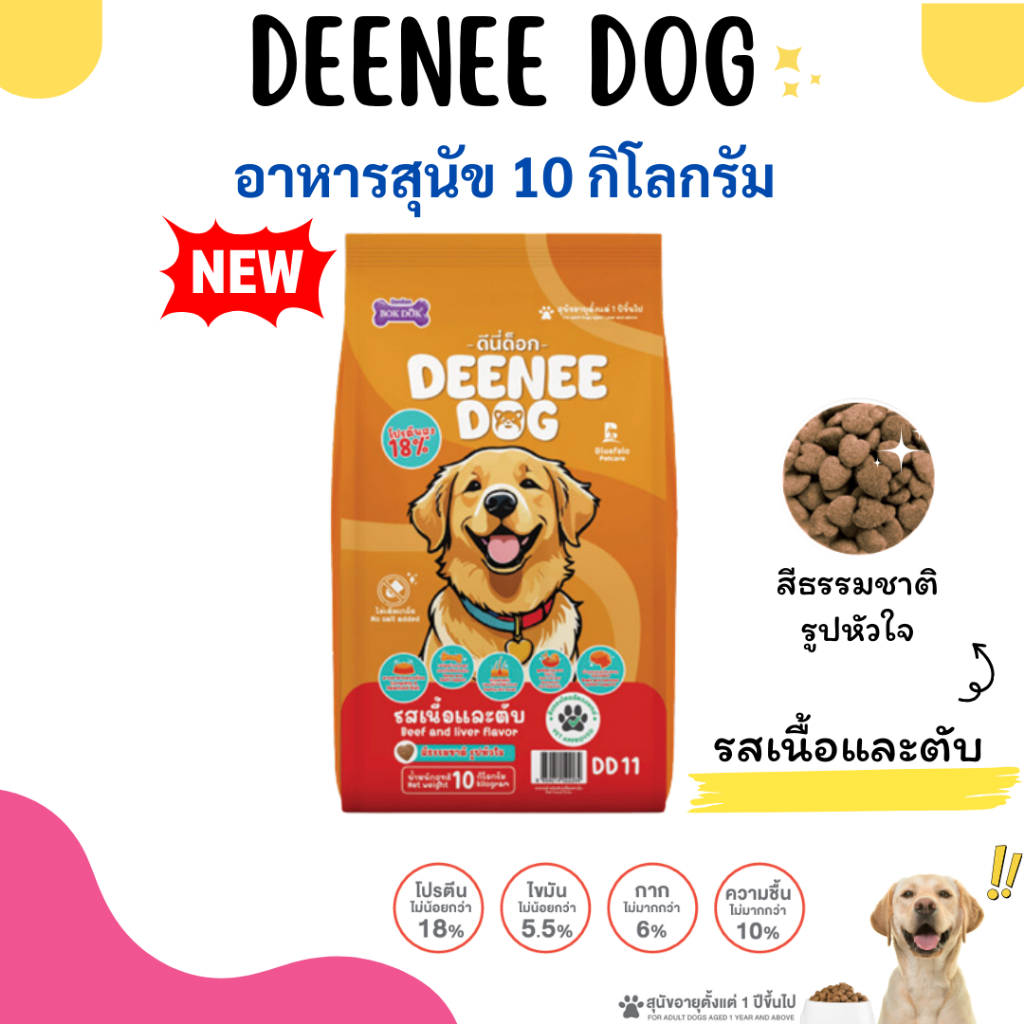 อาหารหมา อาหารสุนัข Deenee Dog ขนาด 10 kg. สูตรไม่เติมเกลือ โปรตีน 18%