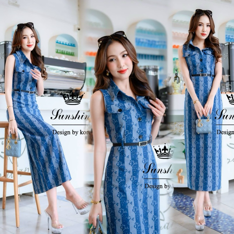 A372 งานป้าย LADY SUNSHINE เดรสยาว คอปก แขนกุด