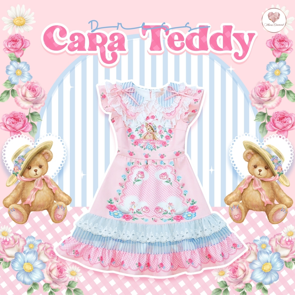 (มี 2XL)Cara Teddy Dress เดรสสั้นไหมเปเป้พิมพ์ลาย แขนกุดแต่งระบายปกปิดต้นแขน มีปกสองชั้นแต่งดีเทลโบว์ มีซับ ใส่ซิปหลัง