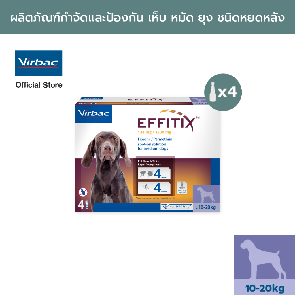 Virbac เอฟฟิติค EFFITIX® Spot-on M (>10-20 กก.) ผลิตภัณฑ์กำจัด เห็บ หมัดและไล่ยุง หยอดหลัง สุนัขขนาดกลาง