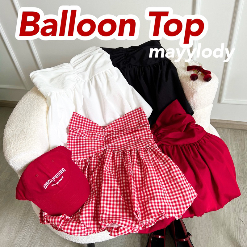 mayylody Ballon TOPs เสื้อเกาะอกบอลลูน / เกาะอกบอลลูน ลายสก็อตสุดฮิต เสื้อเกาะอกสีแดง เสื้อสีแดง /เสื้อคริสต์มาส