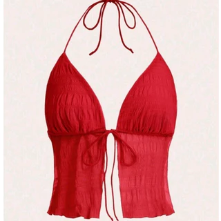 Crop TC2407 เสื้อครอป ตาข่าย ผูกคอ ผูกหน้า ซีทรู