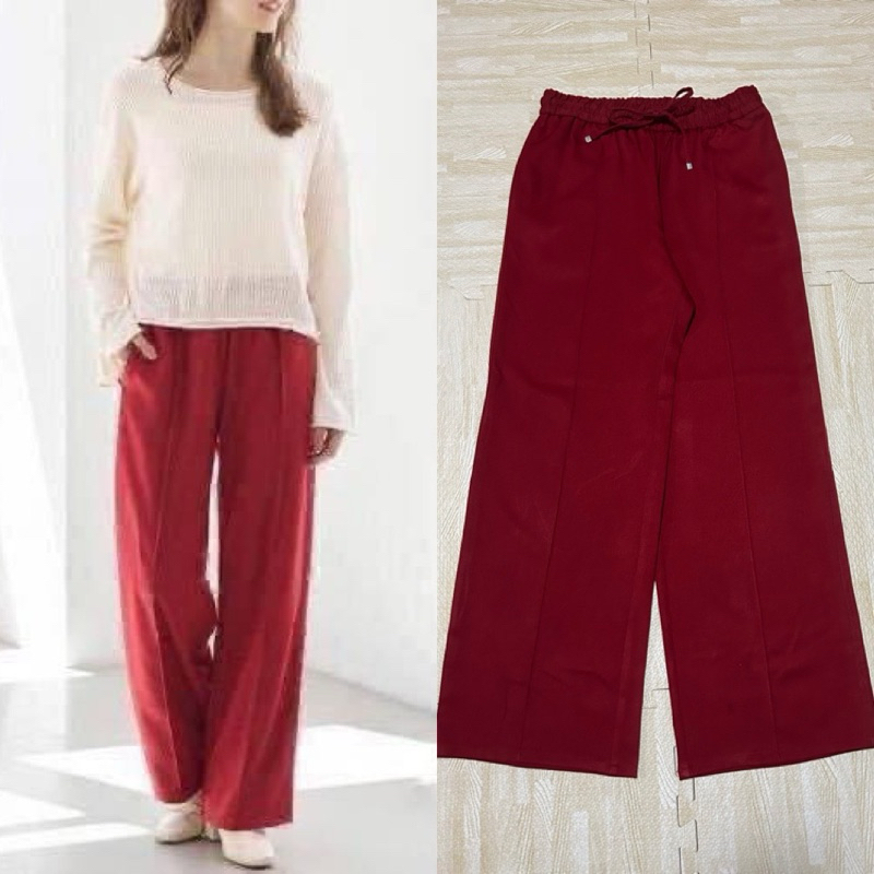 กางเกง GU ขากว้าง สีแดง🍀L,XL🍀แบบสวม เอวยางยืด ผ้าโพลีเนื้อเงา