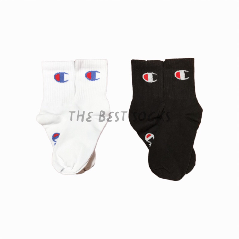 ถุงเท้าสตรีท Champion แชมป์ เปี้ยน (ข้อกลาง)สีพื้น ขาว - ดำ FREE SIZE