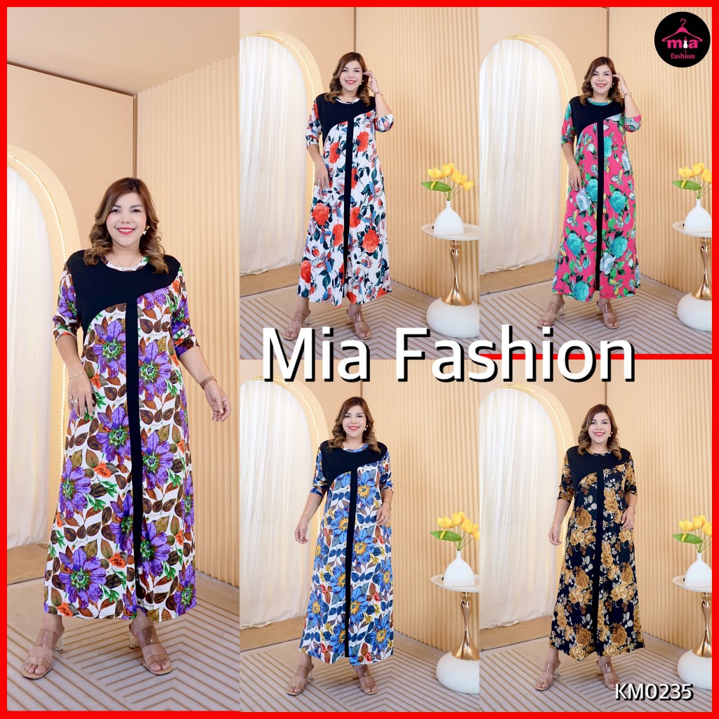Miafashion (KM0235) เดรสเรยอนเกาหลี แต่ปาดหน้า ผ้าทิ้งตัว