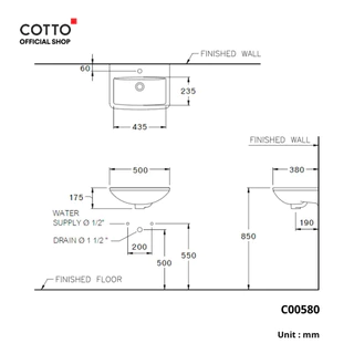 COTTO อ่างล้างหน้าแบบแขวนผนัง รุ่น C00580 SERVE S