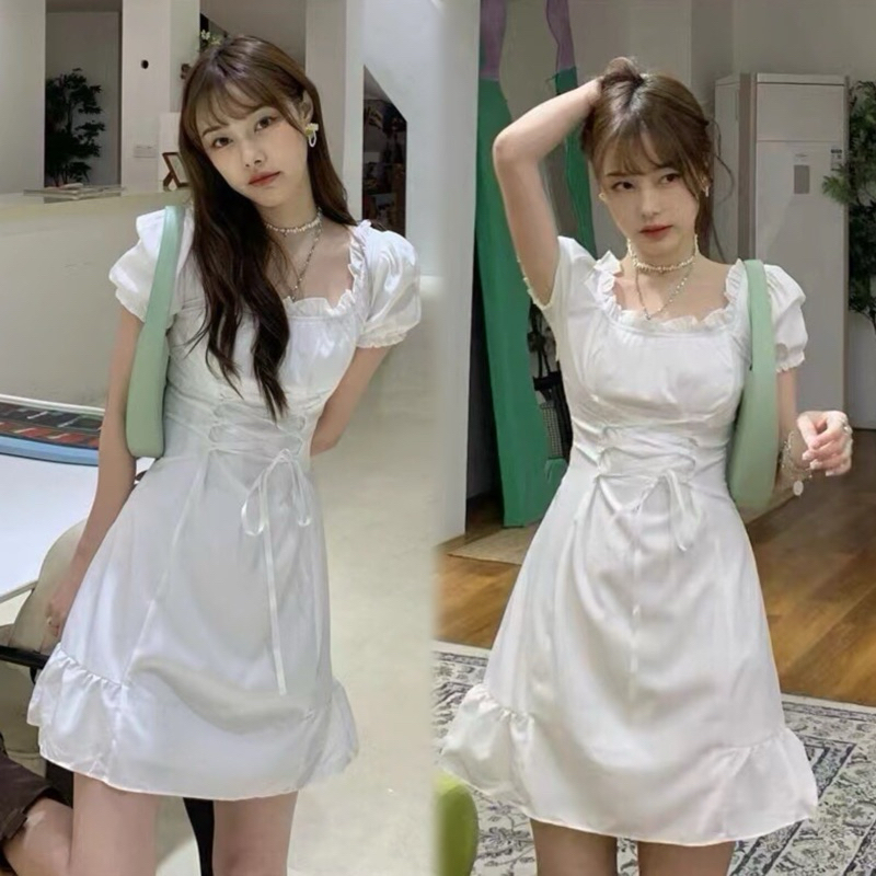 iPink พร้อมส่ง ชุดเดรสสีขาว เดรสคอกลมแขนพองและเอว ทรงเข้ารูป ผอมเพรียวชุด