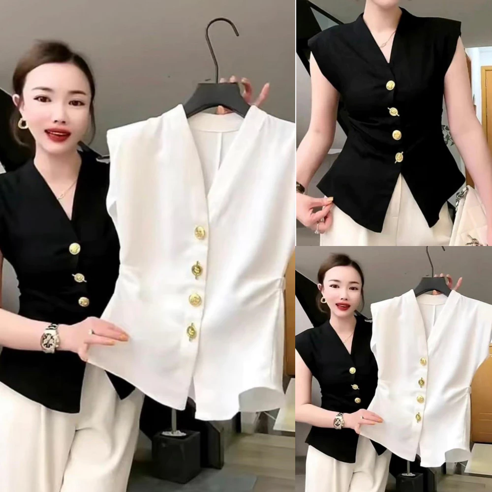 เสื้อผ้าวูลเวฟ สไตล์เกาหลี แขนล้ำคอวีแต่งจีบข้างกระดุมหน้า A5368