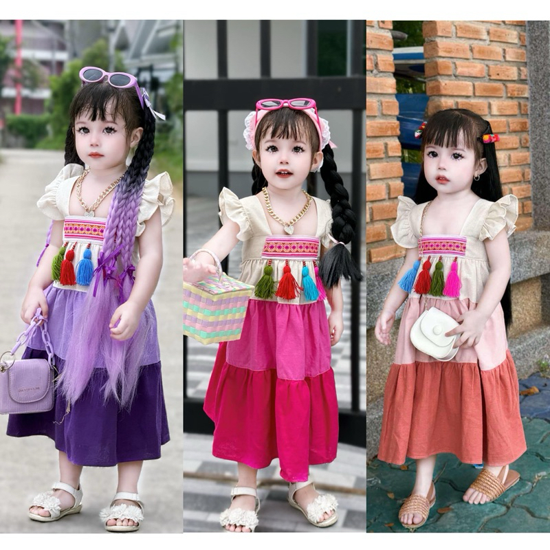 เดรสขนมชั้นแต่งพู่ สายแต่งหยักระบายน่ารักๆ มีไซส์ S-XL (ผ้าฝ้ายฝอกนุ่มสีไม่ตก)/มีบริการเก็บเงินปลายทาง