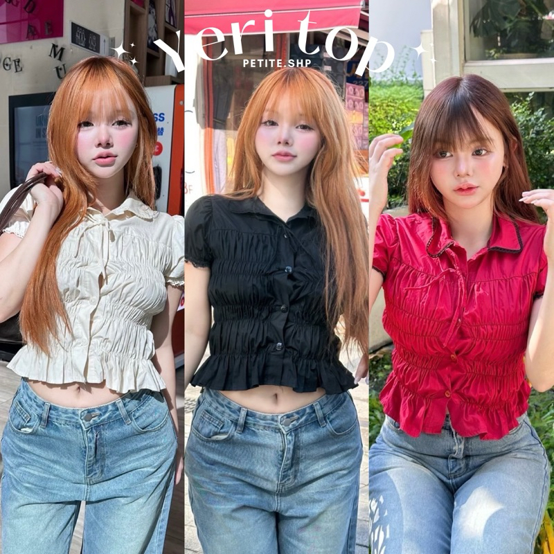 Petite♡︎ Yeri top เสื้อครอปคอปกกระดุมหน้า ดีเทลย่นๆ สไตล์สาวเกาหลี