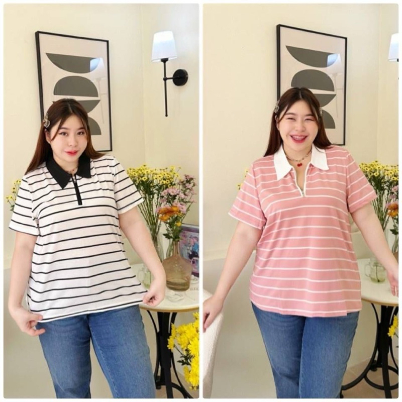 เสื้อยืดคอปกแขนสั้นลายริ้ว ช่วงอกติดซิบรูด อก 44 46 48 50 52