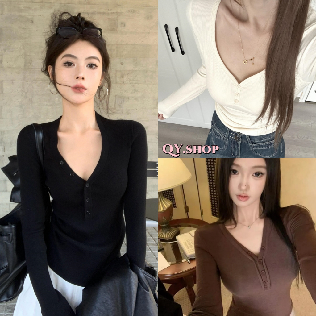 QY.Shop⭐เสื้อคุณภาพดี⭐️เสื้อแขนยาว  เกาหลีสไตล์ ผ้านิ่มยืดตามตัว "FY816"